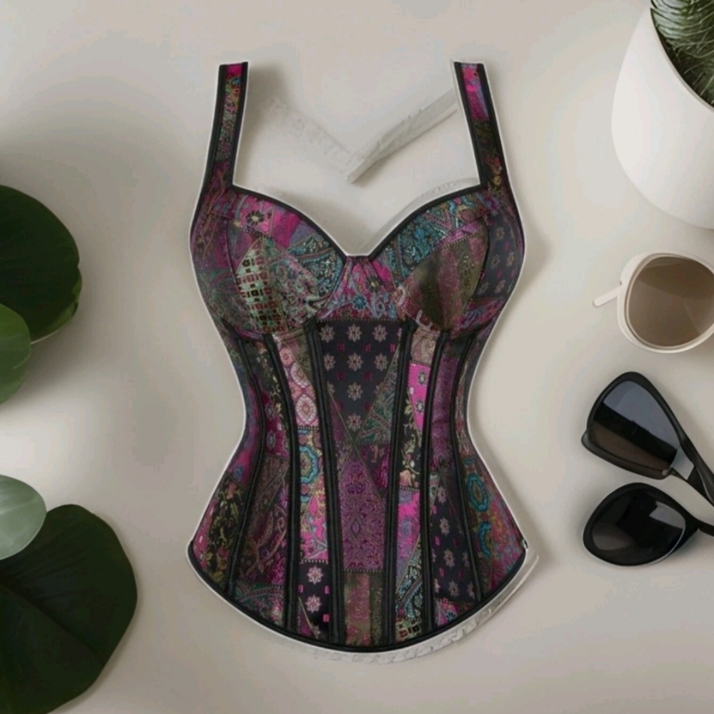 NWT Patchwork Multicolor Floral Jacquard Lace Up Corset SZ L - Picture 14 of 15